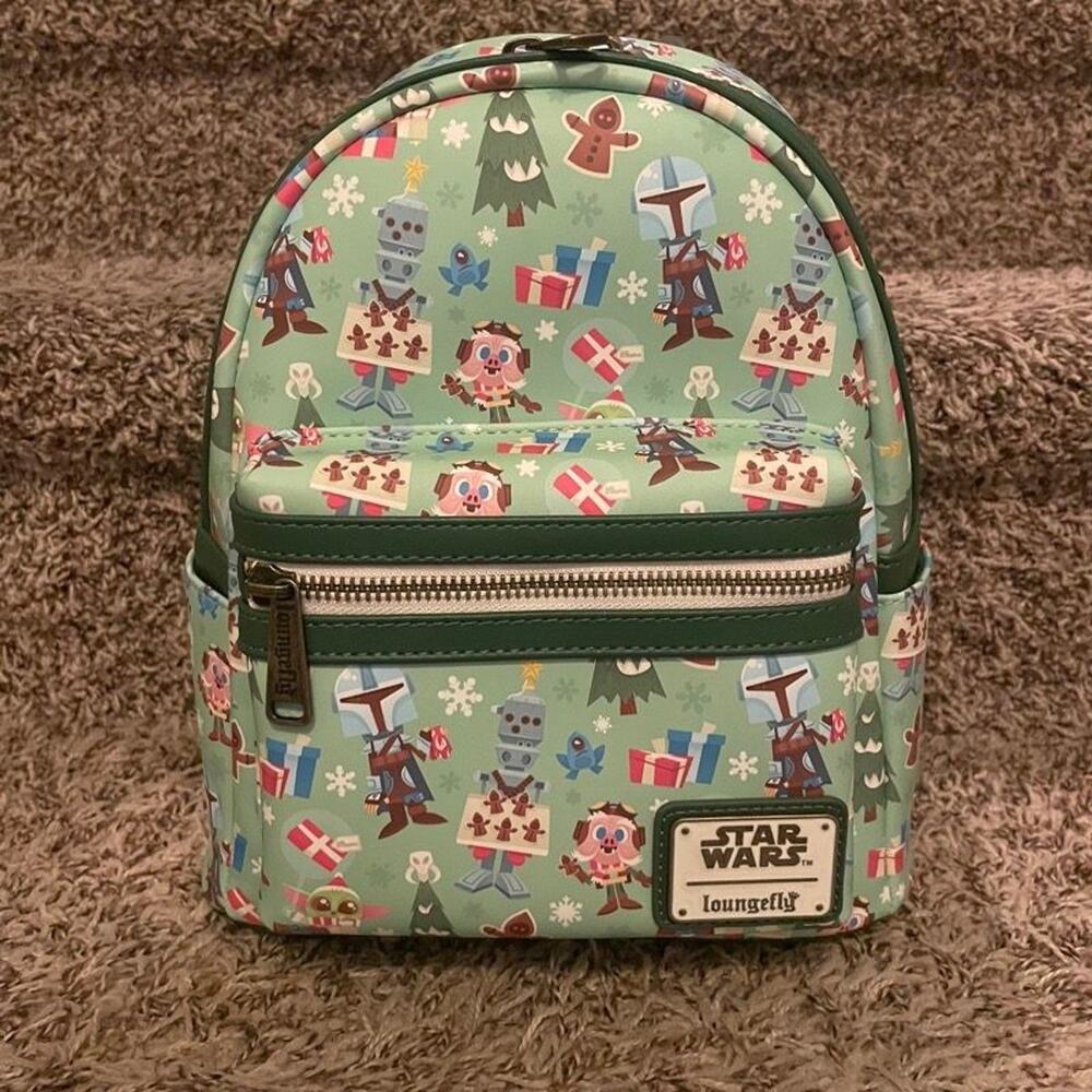 Loungefly Star Wars Mandalorian Holiday Mini Backpack Grogu Christmas NWT Green